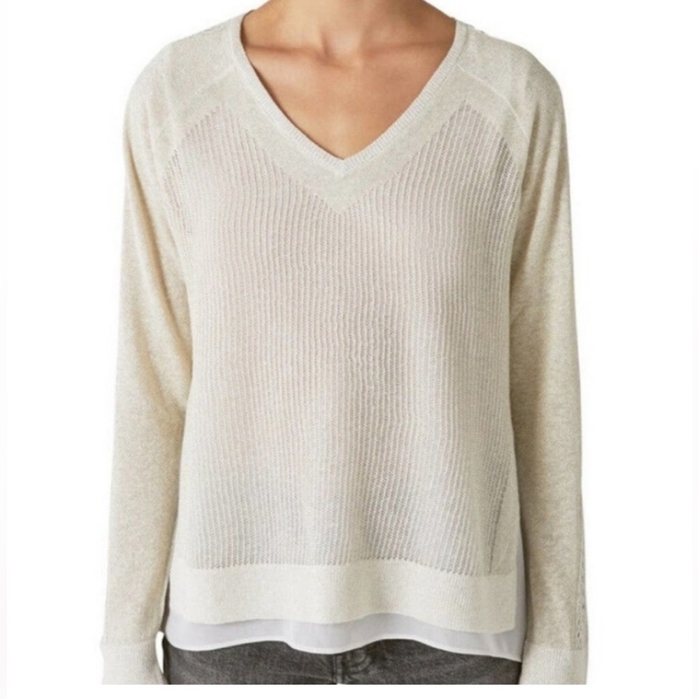 V-neck sheer crocheted linen champagne golden sparkle lace weave long sleeve